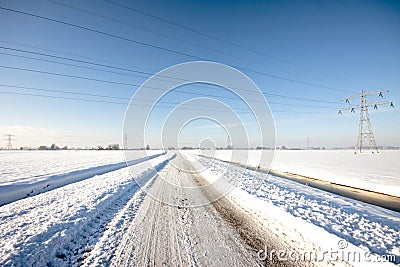 Snowy countryroad the Netherlands Stock Photo