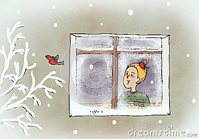 The smiling girl and the bird in winter scene Cartoon Illustration