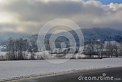Snowy Winter Landscape Near Gorenja Vas, Slovenia Stock Photo