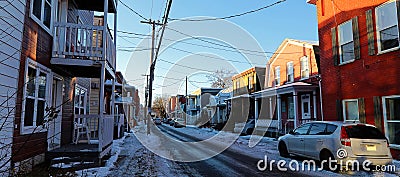 Snowy downtown street in Trois Rivieres Stock Photo