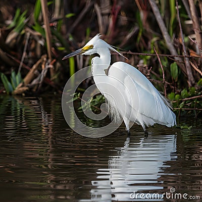 Snowy egret in the water, birdwatching photography, wildlife habitat Stock Photo