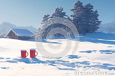 Snowy escapade Couple in snowshoes enjoying laughter filled winter stroll Stock Photo