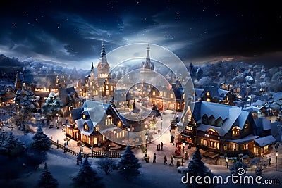 Snowy fairytale Christmas town, vintage illustration Cartoon Illustration