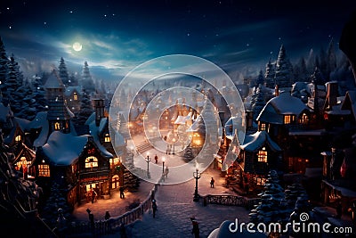 Snowy fairytale Christmas town, vintage illustration Cartoon Illustration