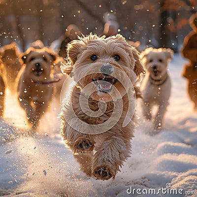 Snowy fetch fun Dogs playing in a winter wonderland with owners Stock Photo
