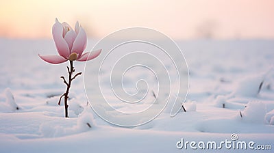 Lonely Magnolia: Meditative Visual Storytelling On A Snowy Field Stock Photo