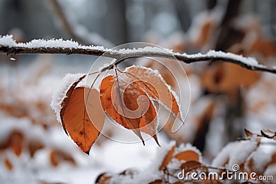 A snowy forest scene reveals vivid autumn foliage on icy branches Stock Photo