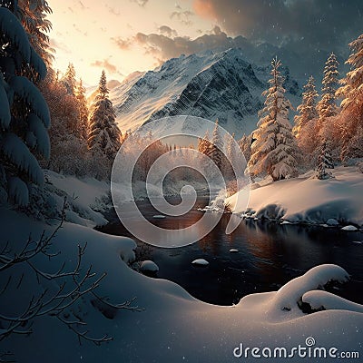 Snowy Forest Sceneries - High-Quality AI-generated Landscapes Stock Photo