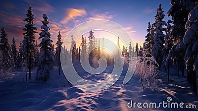 a snowy forest with trees and a bright sun Stock Photo