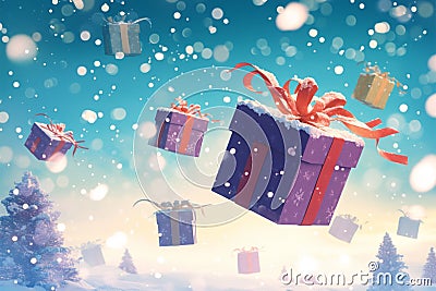 Snowy gifting Gift boxes soaring in a charming snowy landscape Stock Photo