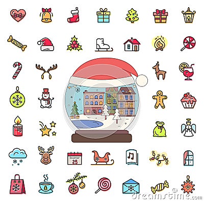 Winter City Snowball and Set of Xmas Icons Outline Vector Illustration