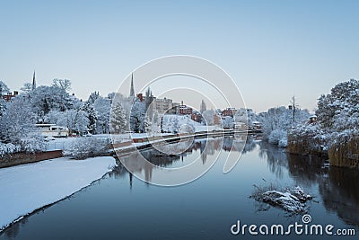 Snowy, icy view along the River Severn, Shrewsbury, Shropshire Editorial Stock Photo