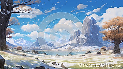 Snowy Karst Landscape In Studio Ghibli Style Stock Photo