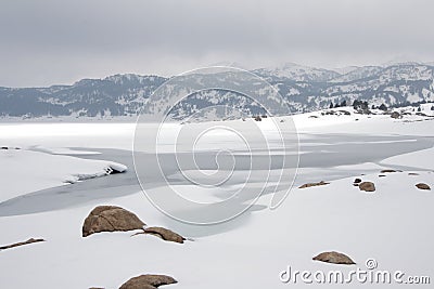 Snowy lake in Pyrenees Stock Photo