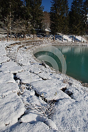 Snowy Lake Shore Stock Photo