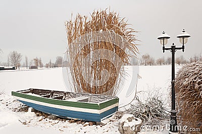 Snowy lake with trees in the background piestany slovakia. Stock Photo