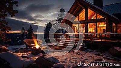 A snowy landscape with a cozy cabin and a warm fireplace crackling in the hearth. Stock Photo
