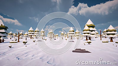 Snowy landscape with fir trees No humans and animals low poly design virtual landscape 3d render Stock Photo