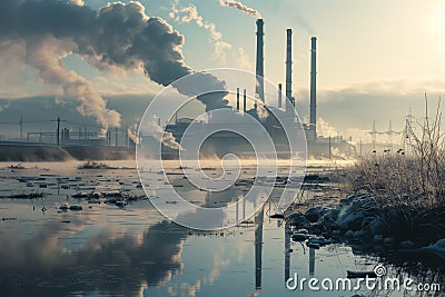 Snowy landscape with industrial smokestacks Stock Photo