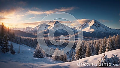 Snowy landscape at sunset. Forest and mountains. twilight light. AI Generated Stock Photo