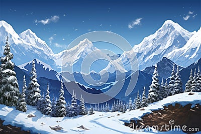 Snowy landscape, trees, and mountains form a breathtaking vista Stock Photo