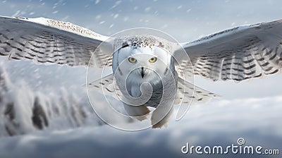 Snowy Majesty: Graceful Flight of a Winter Wonderland's Watcher Stock Photo