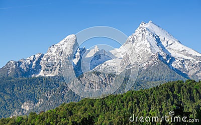 Snowy mount peaks of Watzmann Mountain ridge in Bavarian Alps Stock Photo