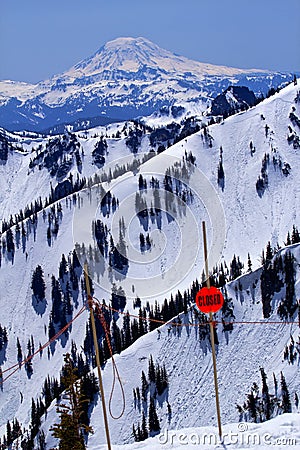 Snowy Mount Saint Adams Closed Sign Washington Stock Photo
