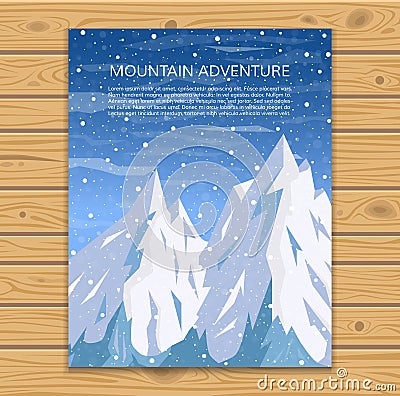 Snowy mountain peaks and falling snow. Vector Illustration