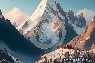 A snowy mountain range with trees and clouds image generated by Ai Stock Photo