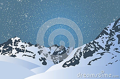 Snowy mountains in a bright starry night. Vector Illustration