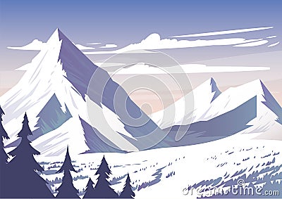 Snowy mountains landscape in ski season. Cartoon Illustration