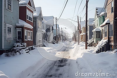 snowy neighborhood street with shoveled sidewalks Stock Photo