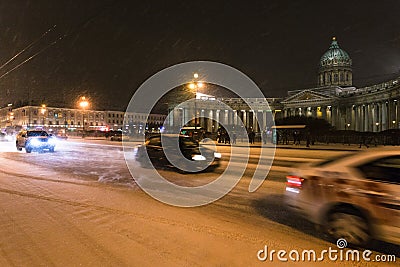 snowy Nevsky Prospect with Kazanskiy Cathedral Stock Photo