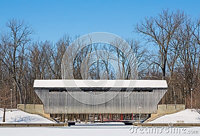 Snowy New Brownsville Covered Bridge Stock Photo