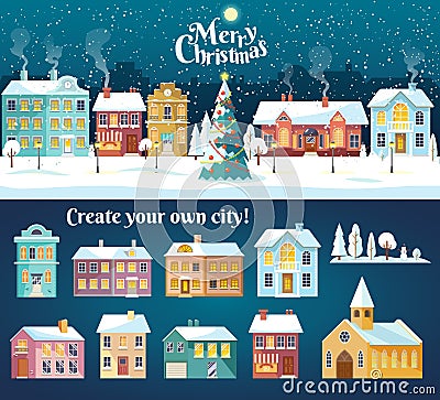 Snowy night in cozy christmas town city panorama. Snowy street with Christmas tree. Winter christmas village night Vector Illustration