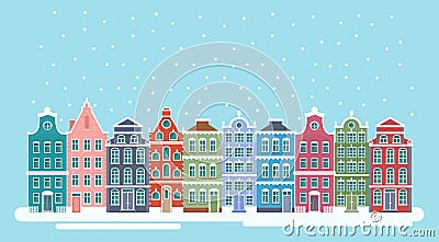 Vector illustration of cute snowy christmas town city panorama witht bright houses. Winter Christmas background Vector Illustration