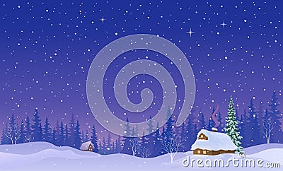 Snowy night landscape background Vector Illustration