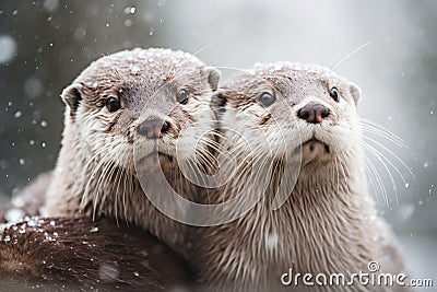 Snowy Otter Family Cuddling in Extreme Close-Up. Perfect for Greeting Cards and Posters. Stock Photo