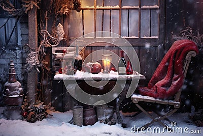 snowy outdoor setting with mulled wine on a bench Stock Photo