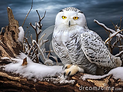 Snowy owl behind fallen tree Cartoon Illustration