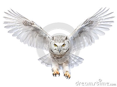 Snowy Owl in Flight on White Background. AI generated Illustration Stock Photo