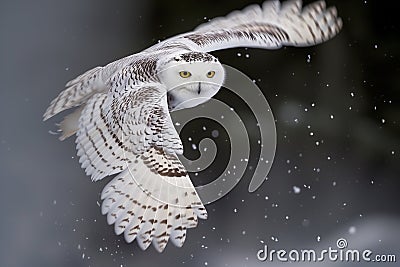 snowy owl flying headon with snow particles trailing behind it Stock Photo