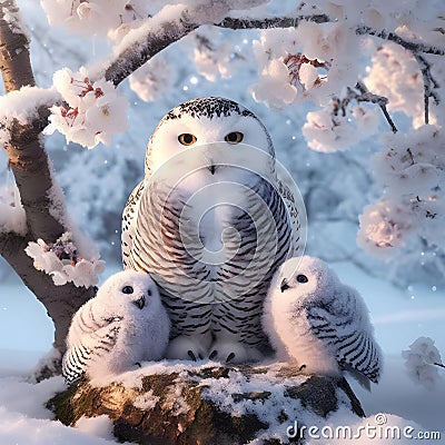 Snowy owl with her family in a snowy forest. Beautiful winter scene wallpaper, winter wildlife, generative ai Stock Photo