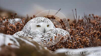 Snowy Owl's Stealthy Pounce in the Arctic Tundra Stock Photo