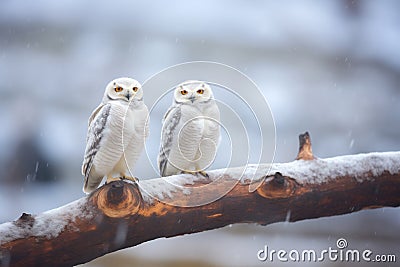 snowy owls perched on a tree branch in a frosty environment Stock Photo