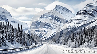 Snowy peaks and valleys under a bright sky in a mountain pass Stock Photo
