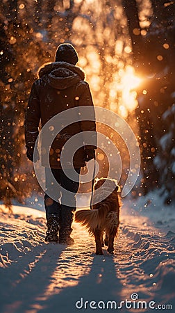 Snowy pet walk Dogs and owners bonding in a winter wonderland Stock Photo