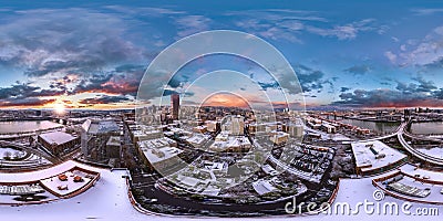 Snowy Portland downtown sunrise aerial 360 by 180 photosphere Stock Photo