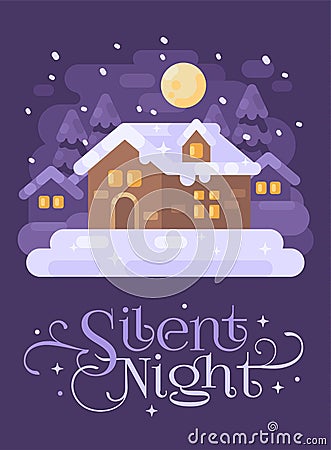 Snowy purple winter village landscape with a house. Silent Night Christmas flat illustration greeting card Vector Illustration